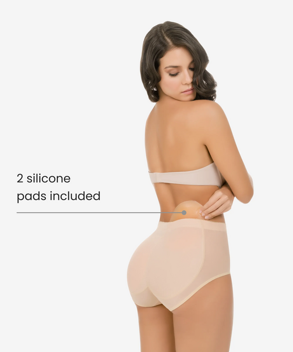 Rear view of a woman modeling the butt-enhancing padded panty with silicone inserts - Style 3