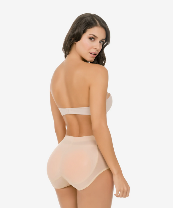 Woman wearing the nude version of the butt-enhancing padded panty for discreet wear