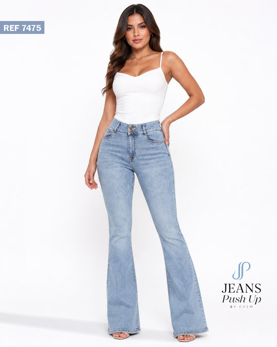 Light Blue Flare Leg Push Up Jeans Ref 7475 — 2-Button Waistband, Butt Lift Effect