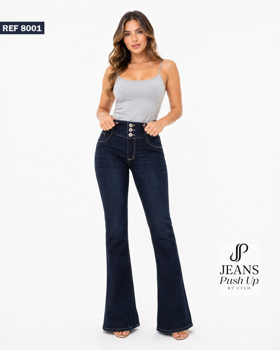 Dark Blue Flare Leg Push Up Jeans Ref 8001 — High-Rise 3-Button - Natural Butt Lift