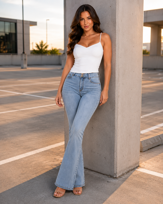 Light Blue Flare Leg Push Up Jeans Ref 7475 — 2-Button Waistband, Butt Lift Effect