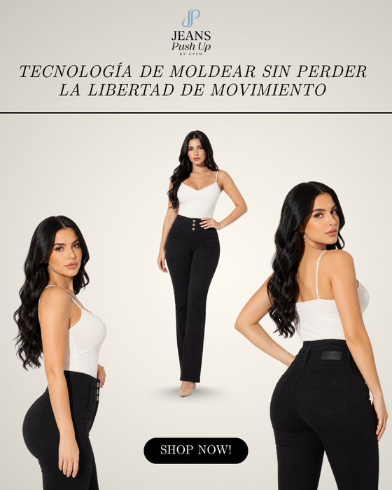 Black Flare Leg Push Up Jeans 7483  High-Rise 3-Button Waistband, Bi-Stretch Fabric & Butt Lift Effect