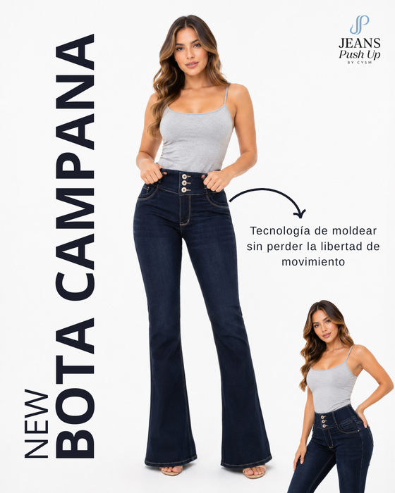 Dark Blue Flare Leg Push Up Jeans Ref 8001 — High-Rise 3-Button - Natural Butt Lift