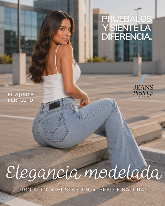 Light Blue Flare Leg Push Up Jeans Ref 7475 — 2-Button Waistband, Butt Lift Effect