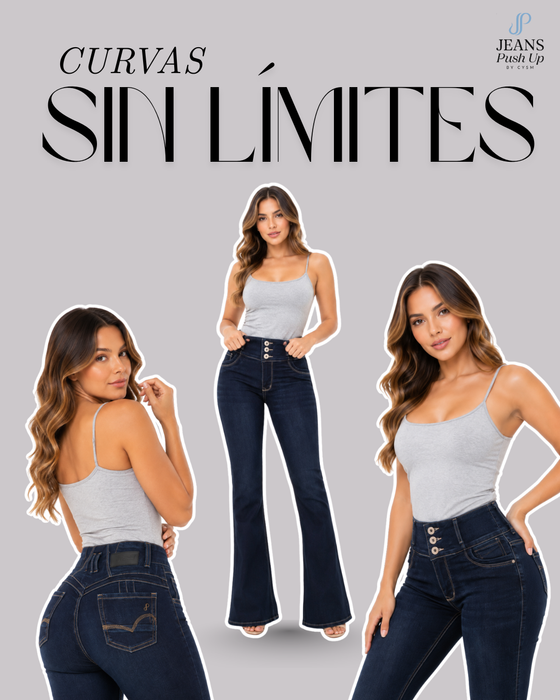 Dark Blue Flare Leg Push Up Jeans Ref 8001 — High-Rise 3-Button - Natural Butt Lift