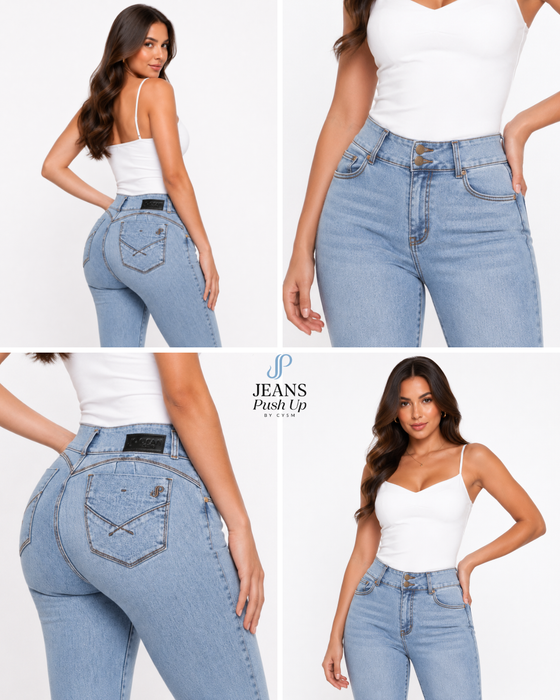 Light Blue Flare Leg Push Up Jeans Ref 7475 — 2-Button Waistband, Butt Lift Effect