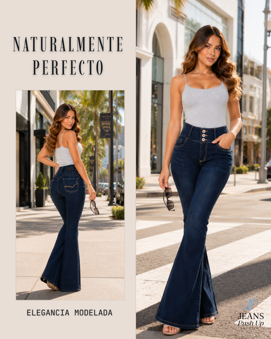 Dark Blue Flare Leg Push Up Jeans Ref 8001 — High-Rise 3-Button - Natural Butt Lift