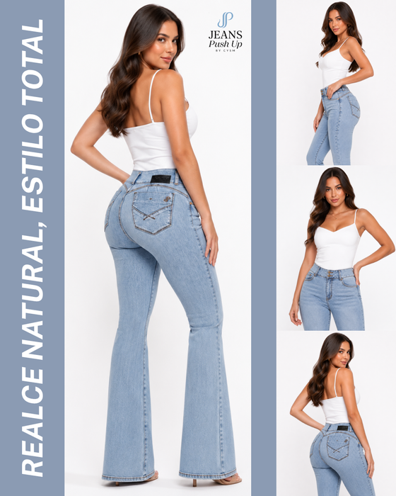 Light Blue Flare Leg Push Up Jeans Ref 7475 — 2-Button Waistband, Butt Lift Effect