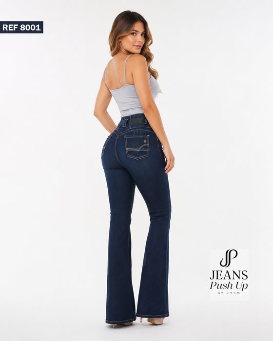 Dark Blue Flare Leg Push Up Jeans Ref 8001 — High-Rise 3-Button - Natural Butt Lift
