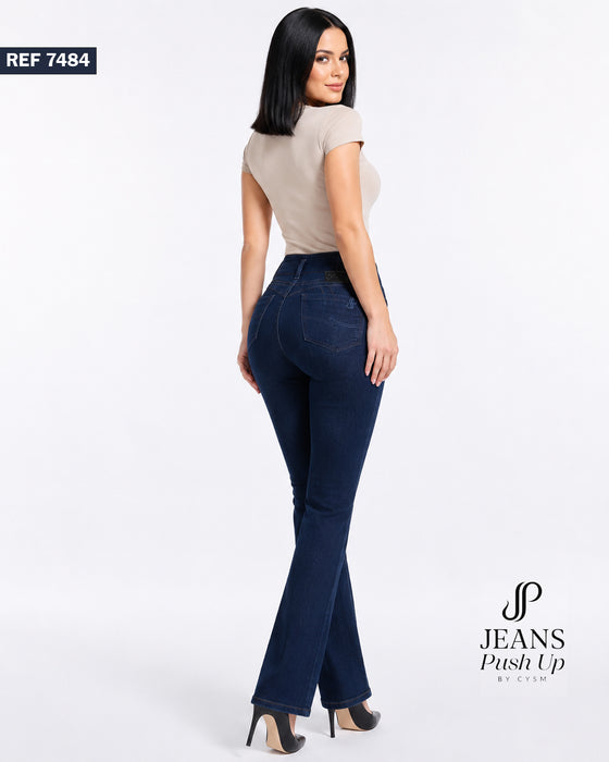 Dark Blue Flare Leg Push Up Jeans Ref 7484 — High-Rise 3-Button Waistband, Natural Butt Lift